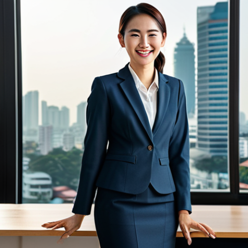 **

A professional businesswoman in a tailored, modest business suit (skirt and jacket), smiling confidently while standing in a modern, sunlit office. Background includes a clean desk with a laptop and a large window overlooking the Bangkok skyline. Fully clothed, safe for work, appropriate attire, perfect anatomy, natural proportions, professional photography, high quality.

**